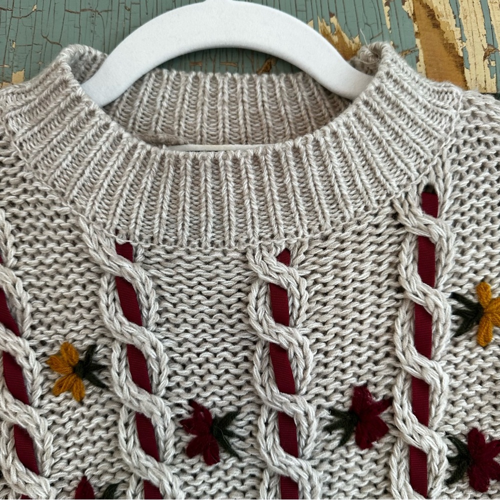 Vintage Embroidered Ribbon Cable Knit Floral Sweater Women’s Medium - Picture 8 of 12